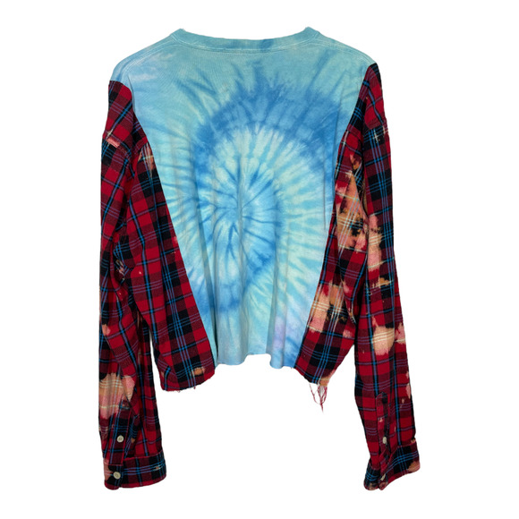 Custom Rework Beatles Bleached Plaid Flannel Sleeve Top M/L Oversized Cropped - Picture 2 of 4